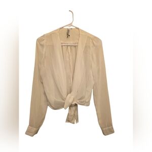 Belle Sheer Ivory Tie Front Longsleeve Blouse Back Ribbon Waist Detail Sz S EUC